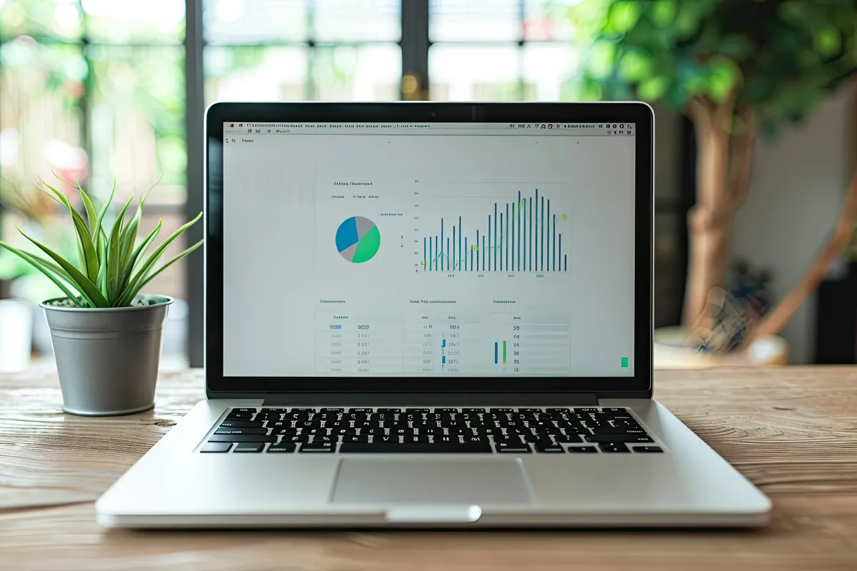 A laptop showing analytics charts