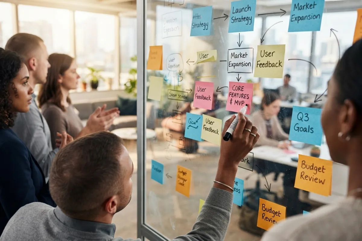 A team working through a plan on a glass wall